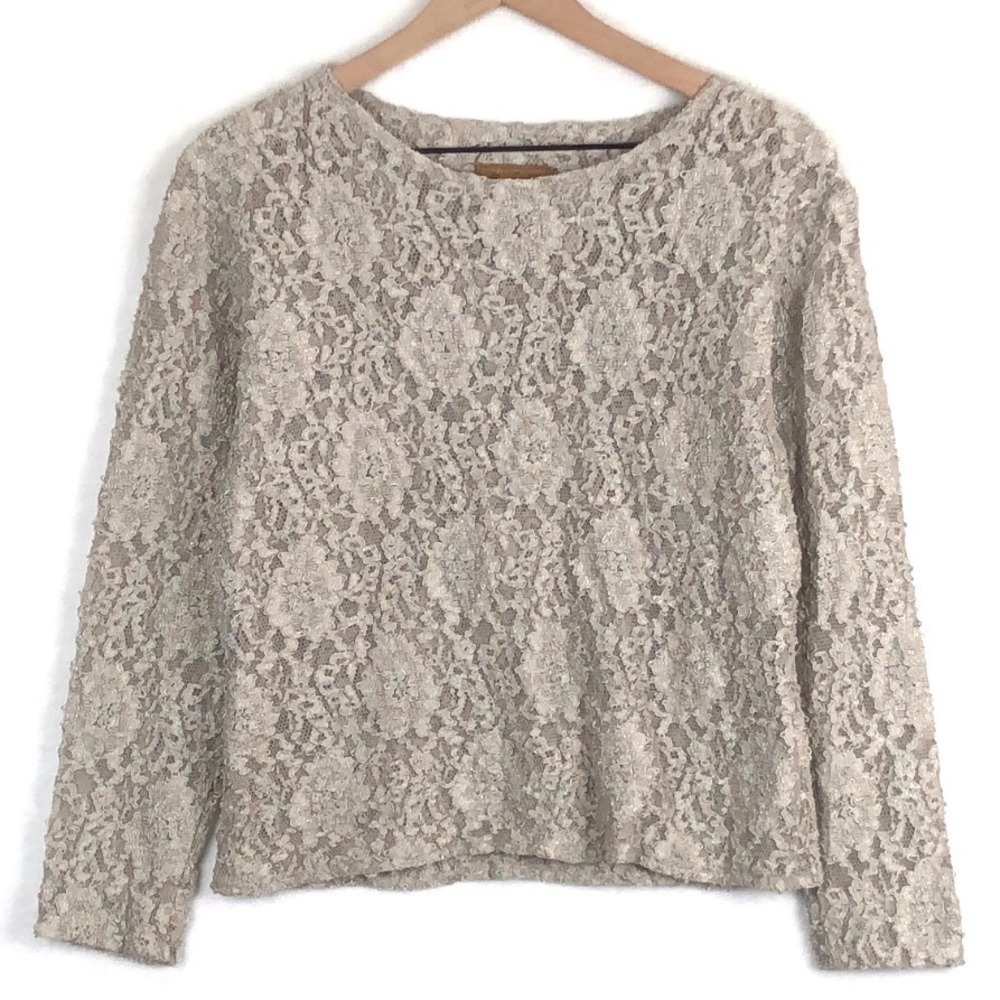 VTG Double D Ranch Wear Lace Top Women's Sz L Taupe Gray Stretch Lace Textured